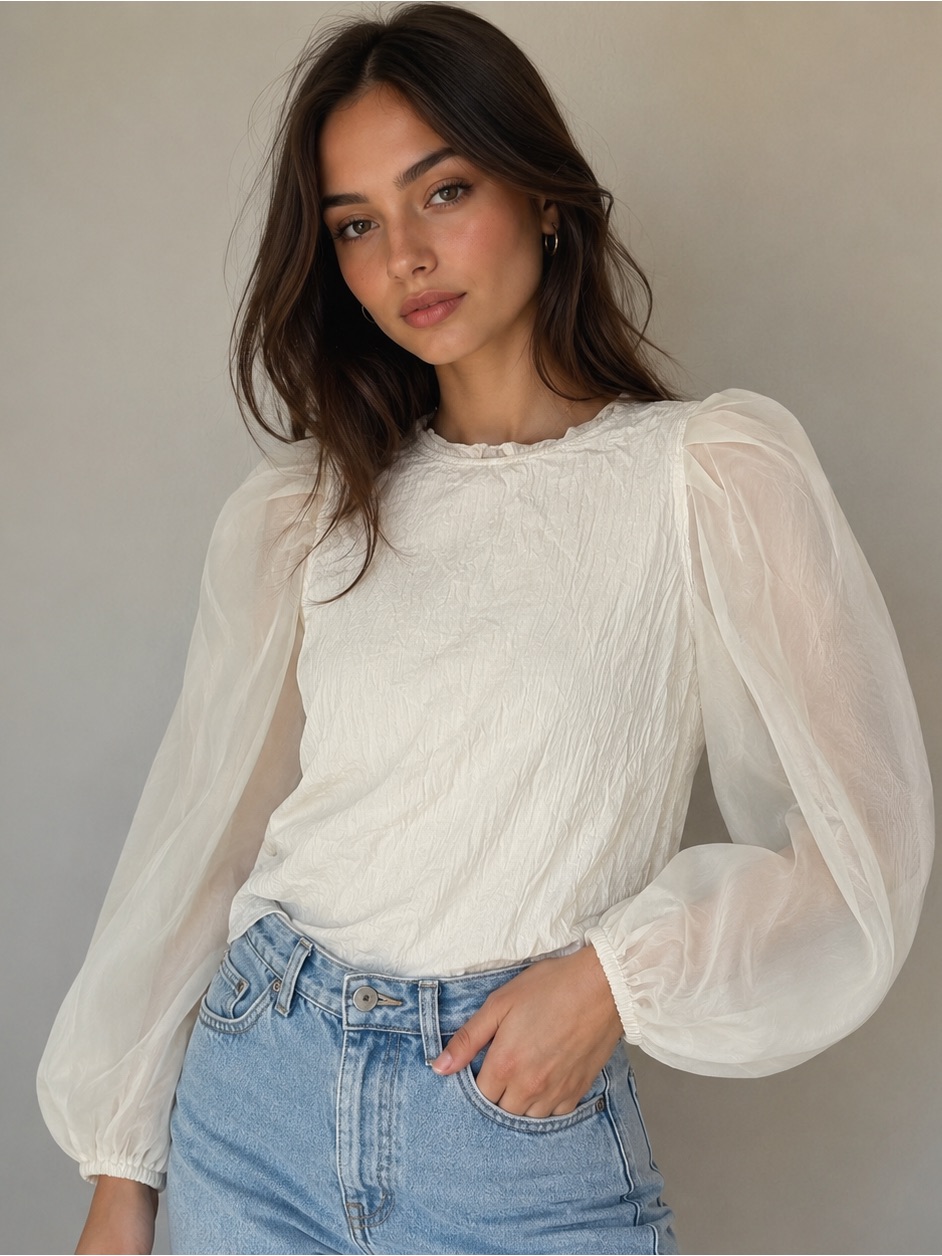 Worthington Ivory Puff Sleeve Organza Blouse Size Small